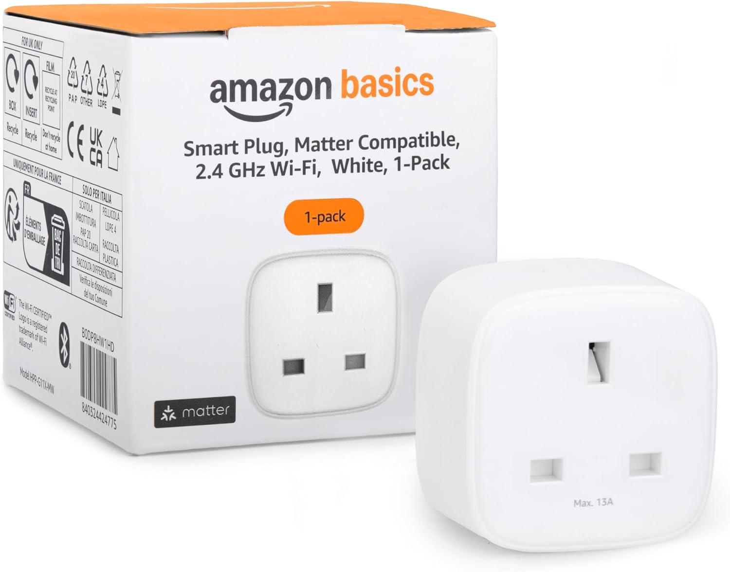 Amazon Basics Smart Plug, Matter compatible, works with Alexa, Google Home, Apple HomeKit