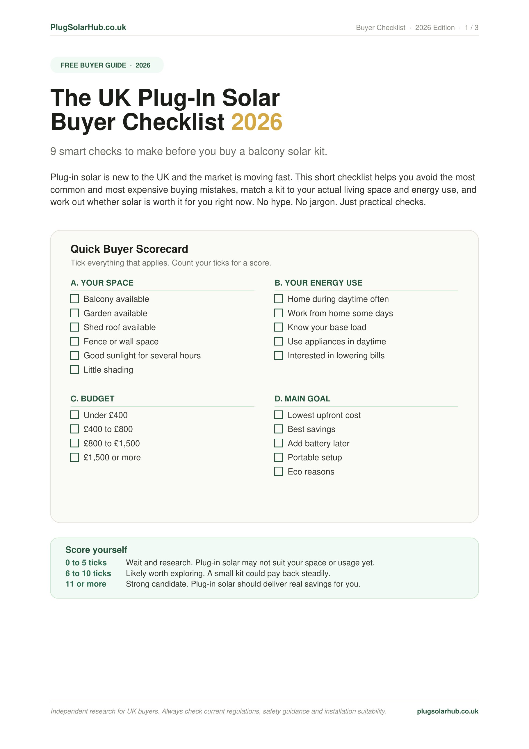 The UK Plug-In Solar Buyer Checklist 2026 PDF cover