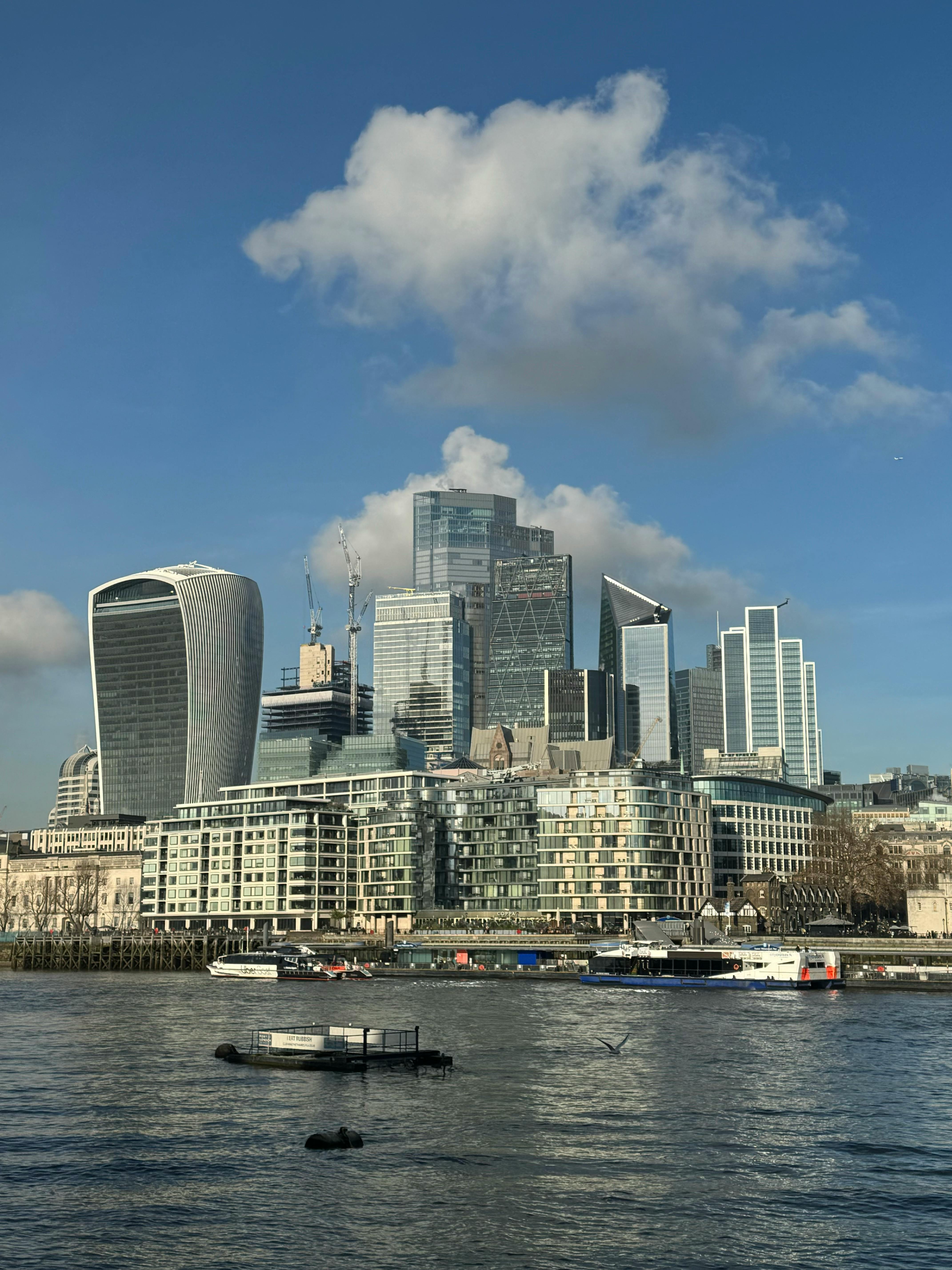London skyline from the Thames on a partly cloudy day — demonstrating typical UK weather conditions that balcony solar panels still generate electricity under