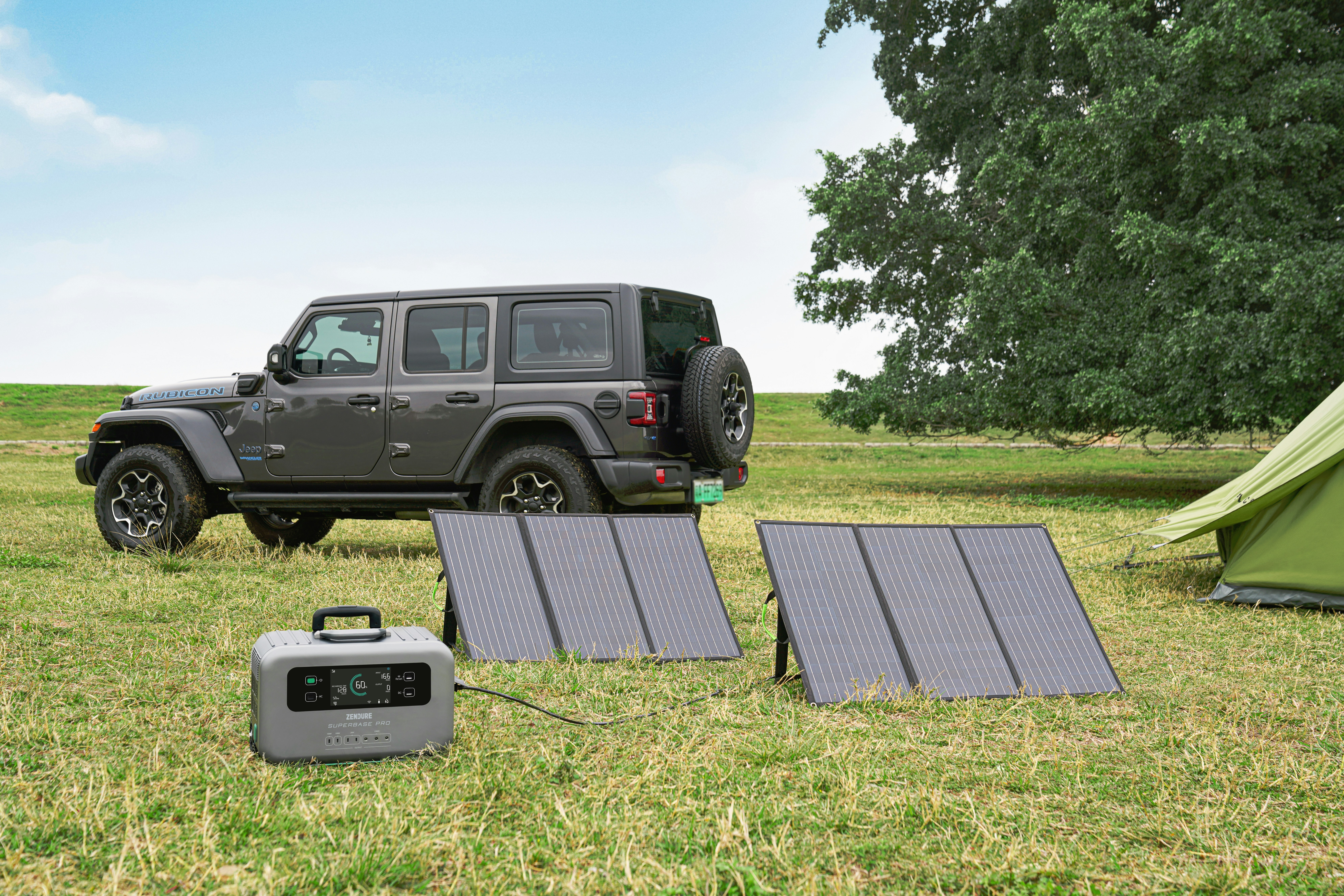 Portable solar panels connected to a power station outdoors - the same setup can be used at home to store cheap off-peak electricity